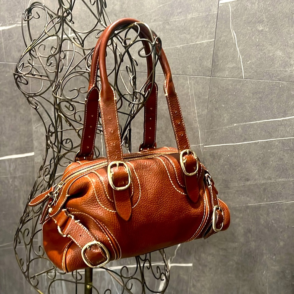 Burberry EUC Brown Leather Bowler Bag with Burberry pattern inside